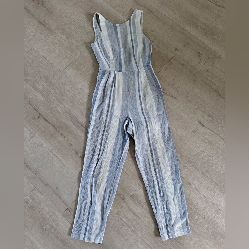 ASTR Presley Linen Blend Sky Blue Stripe Cutout Tie Waist Jumpsuit Size S